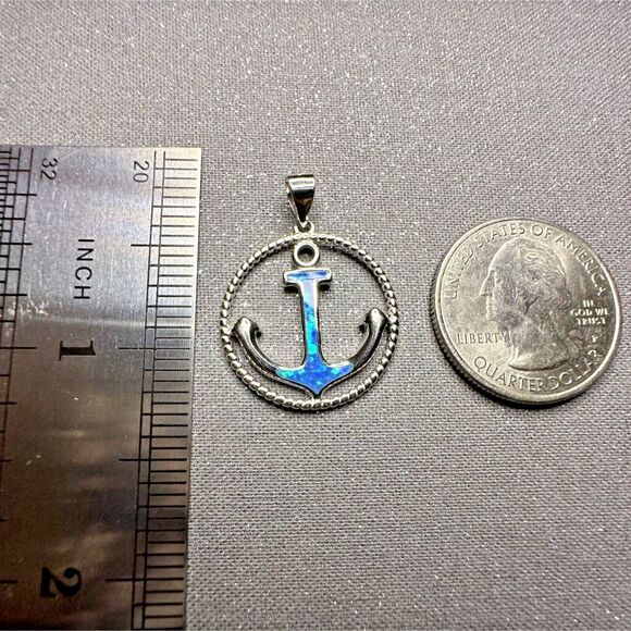 Blue Lab Opal Anchor Pendant 925 Silver Naval Retirement or Cruise Vacation Gift - Picture 2 of 6